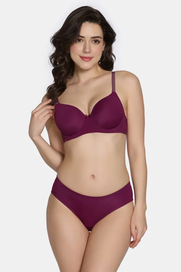 Twilight Thistle Padded Wired 3/4Th Coverage T-Shirt Bra with Full Coverage Hipster Panty - Dark Purple